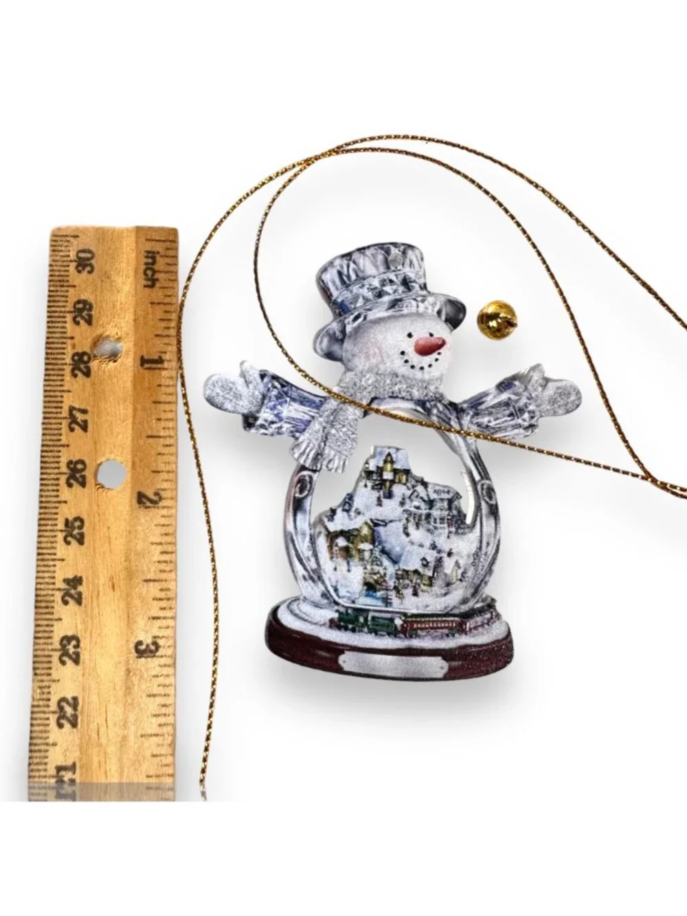 Snowman Hanging Ornament With Winter Village Scene & Gold String – 3 Inches Tall